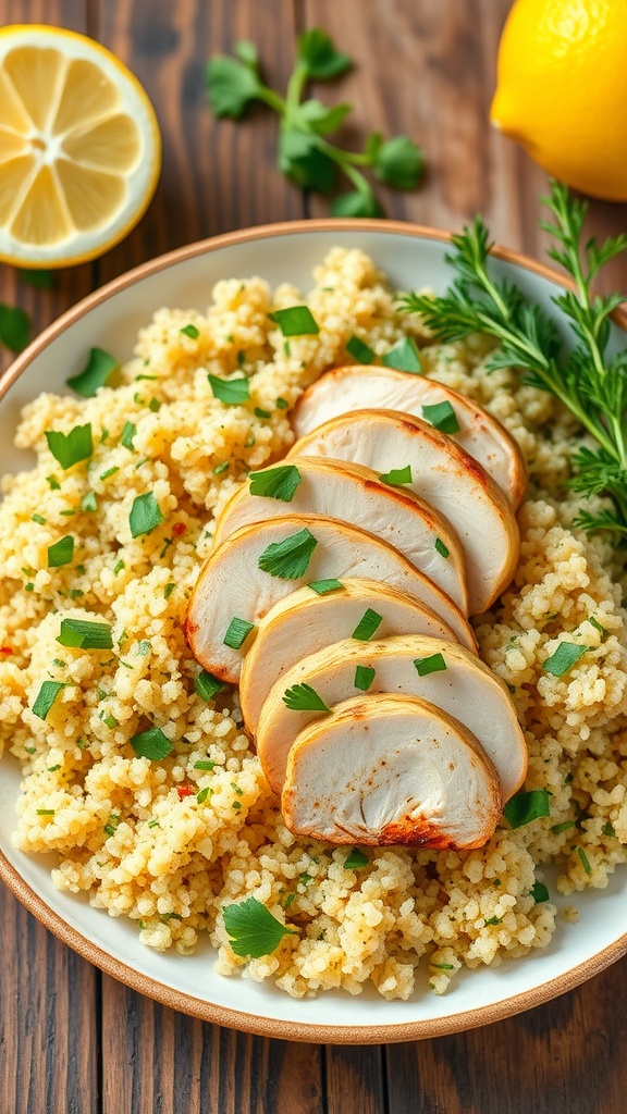 A plate of lemon herb quinoa with sliced grilled chicken, garnished with parsley and lemon wedge.